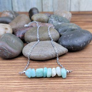 Amazonite Chip Nugget Bar Charm Stainless Steel Chain Necklace